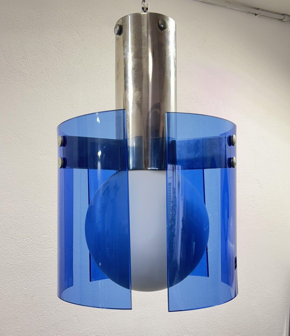 Space Age veca blue glass and opal glass globe pendant lamp 1970s For Sale