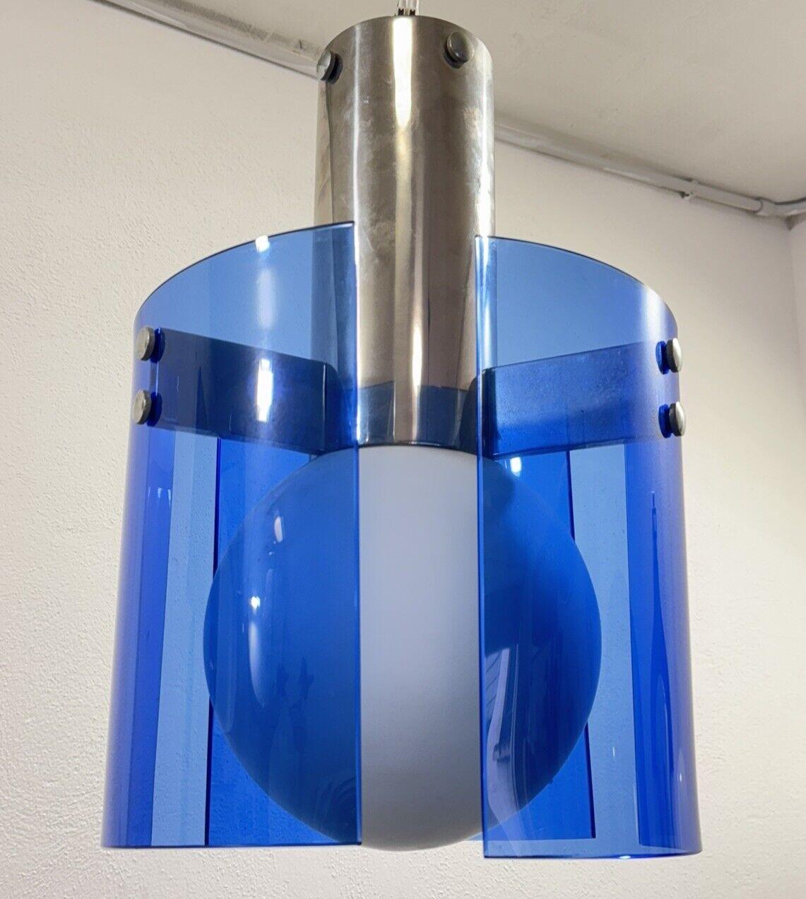 Italian veca blue glass and opal glass globe pendant lamp 1970s For Sale