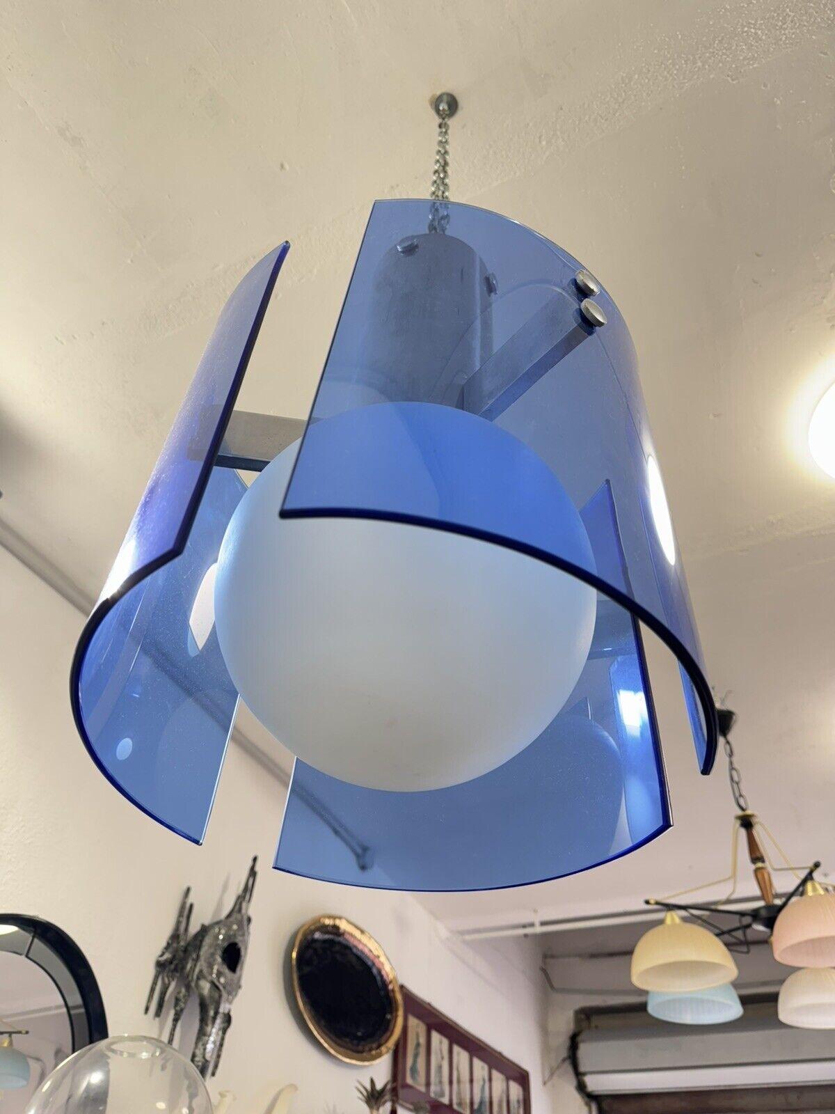 veca blue glass and opal glass globe pendant lamp 1970s For Sale 1