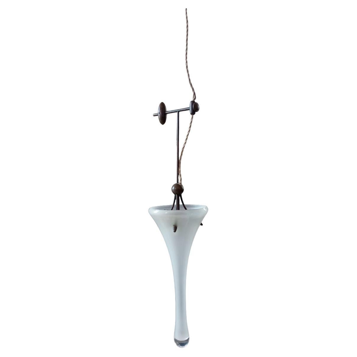 Vintage Hanging Lamp  elongated shape in white Murano glass