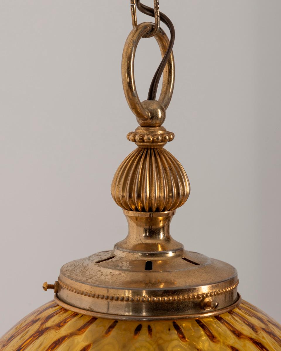 Brass Vintage 1960s amber glass pendant lamp Italian design For Sale