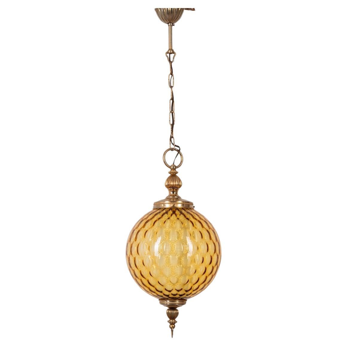 Vintage 1960s amber glass pendant lamp Italian design For Sale