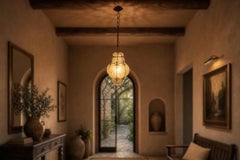 Vintage Suspension Lamp in Blown Glass and Wrought Iron