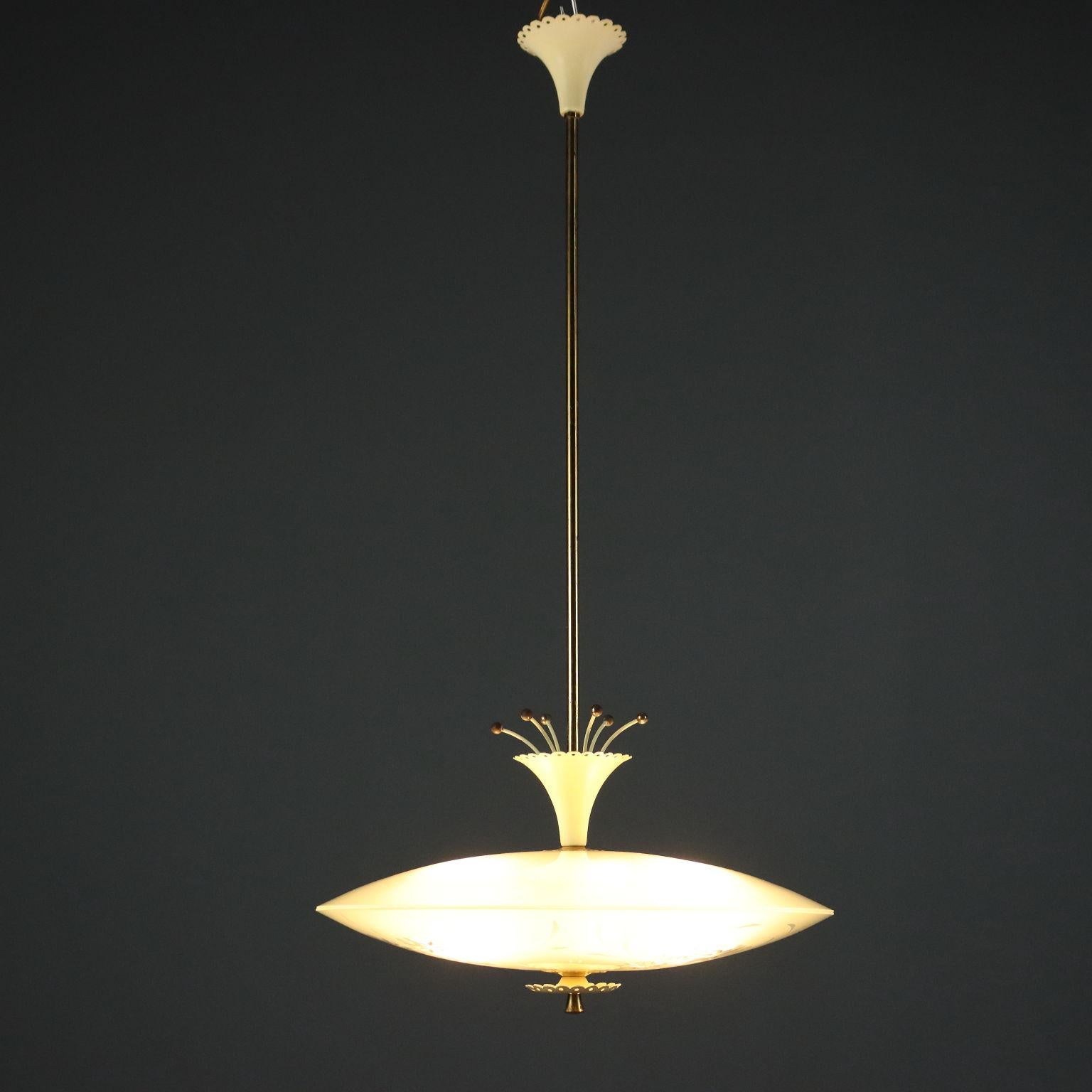 Vintage ceiling lamp made of white enameled aluminum and brass with worked glass.