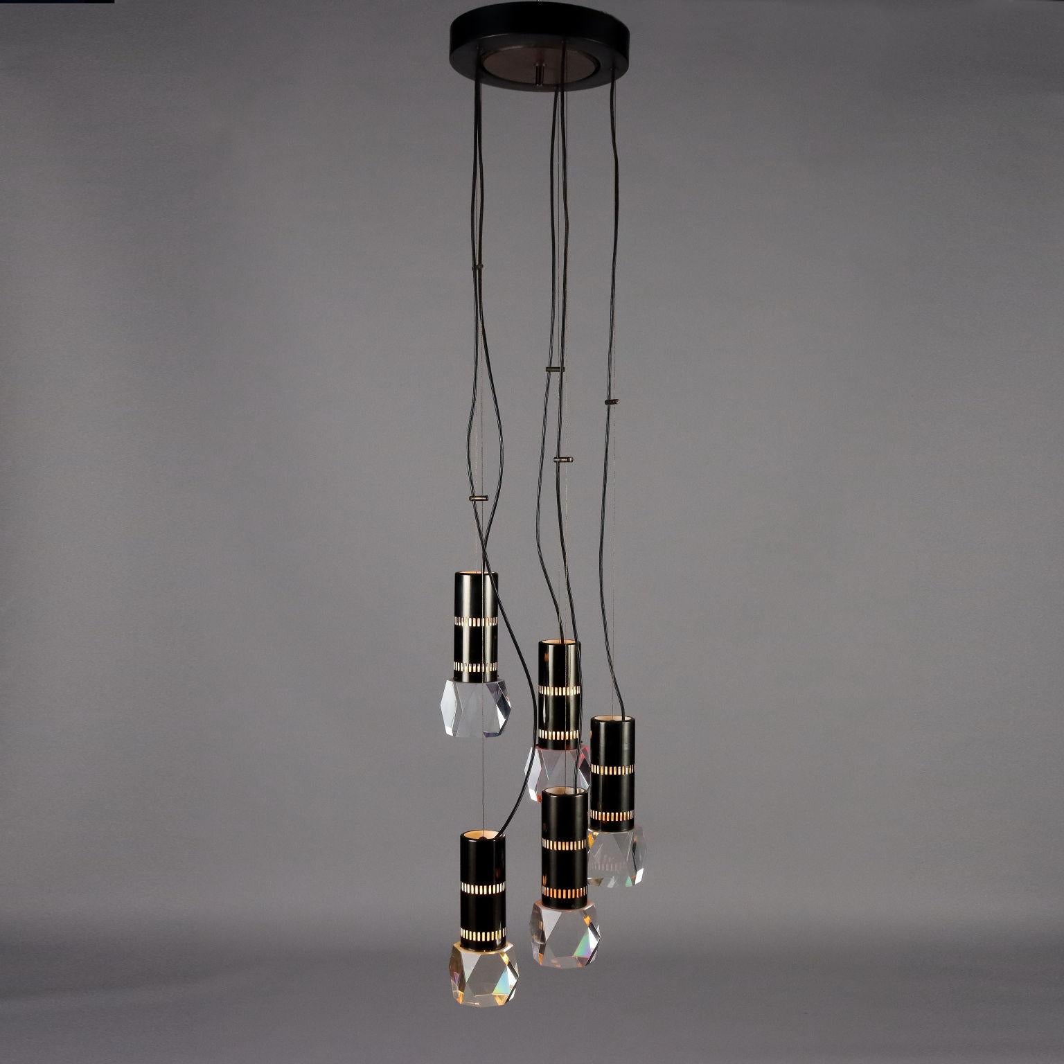 Soffittenlampe mit 5 Köpfen aus Aluminium, Armaturen und Diffusoren in Vetro. 