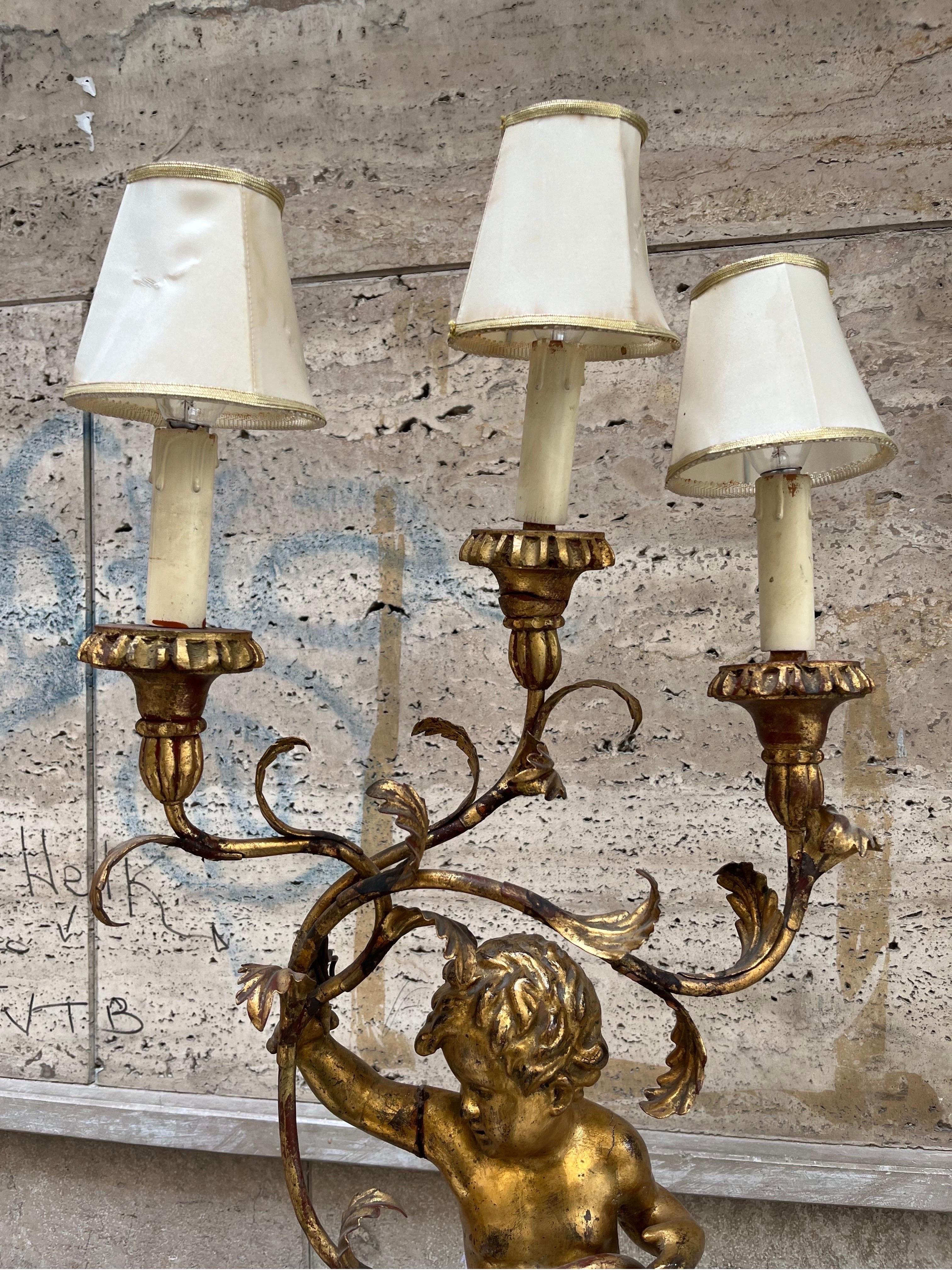 Wood Lampada Antica con Putto Oro a tre luci ‘800 For Sale