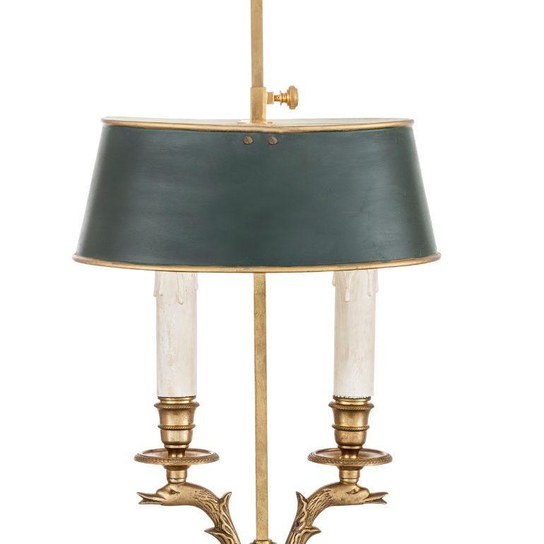 Italian Lampada bouillotte a due luci in ottone con delfini e paralume regolabile in vendita