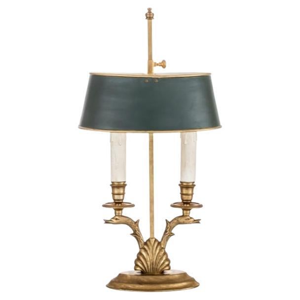 Zweiflammige Bouillotte-Lampe aus Messing mit Delphinen und verstellbarem Schirm