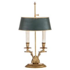 Two-light brass bouillotte lamp with dolphins and adjustable shade