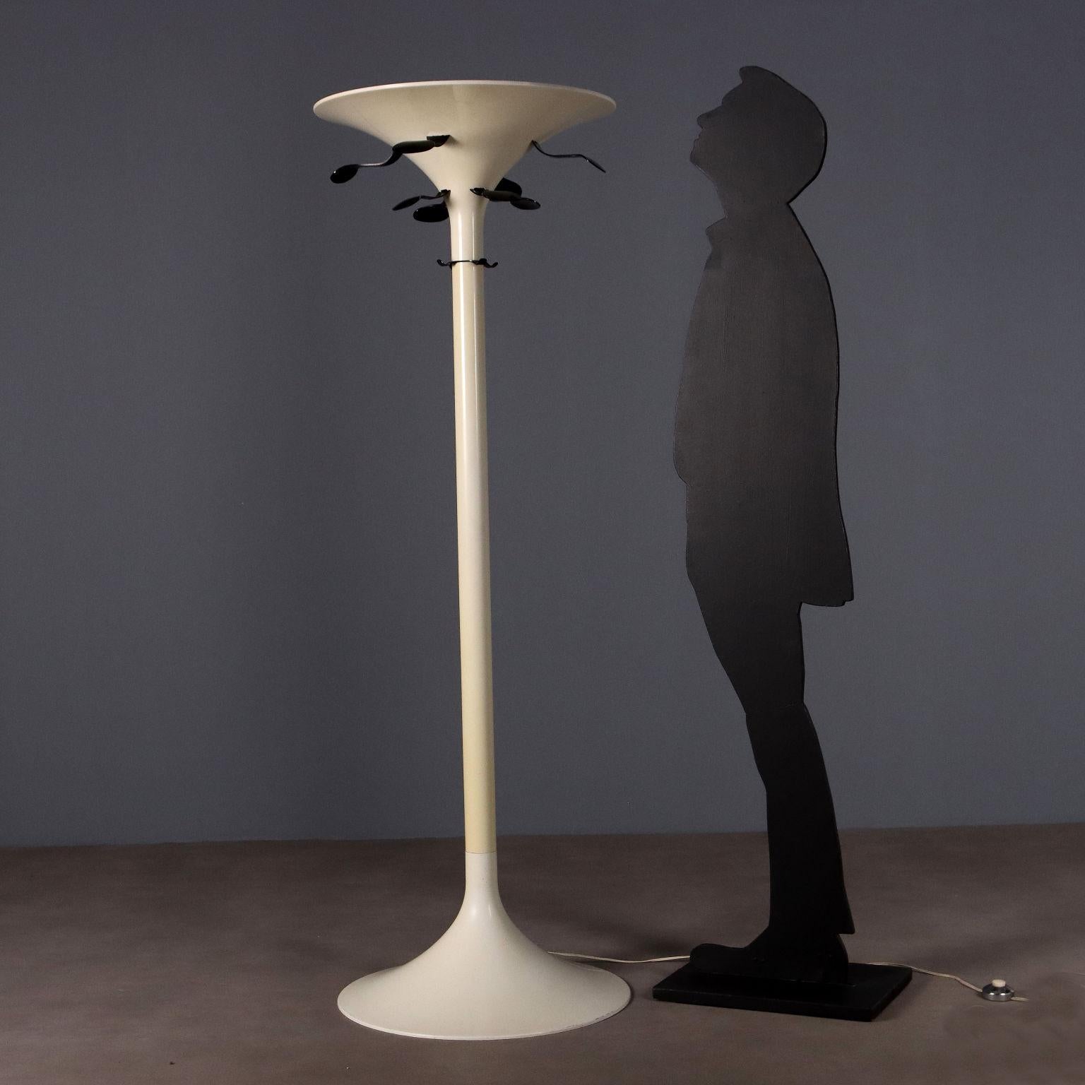 Floor lamp with coat rack made of plastic material and white lacquered metal. 