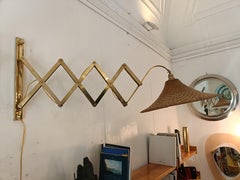 Brass Scissor Wall Lamp with Straw Lampshade, Italy 1960s
