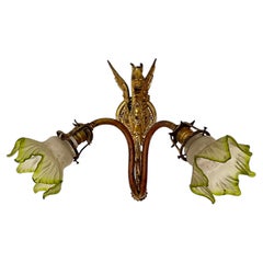 Antique Bronze and Glass Wall Lamp, Italian, 1950s