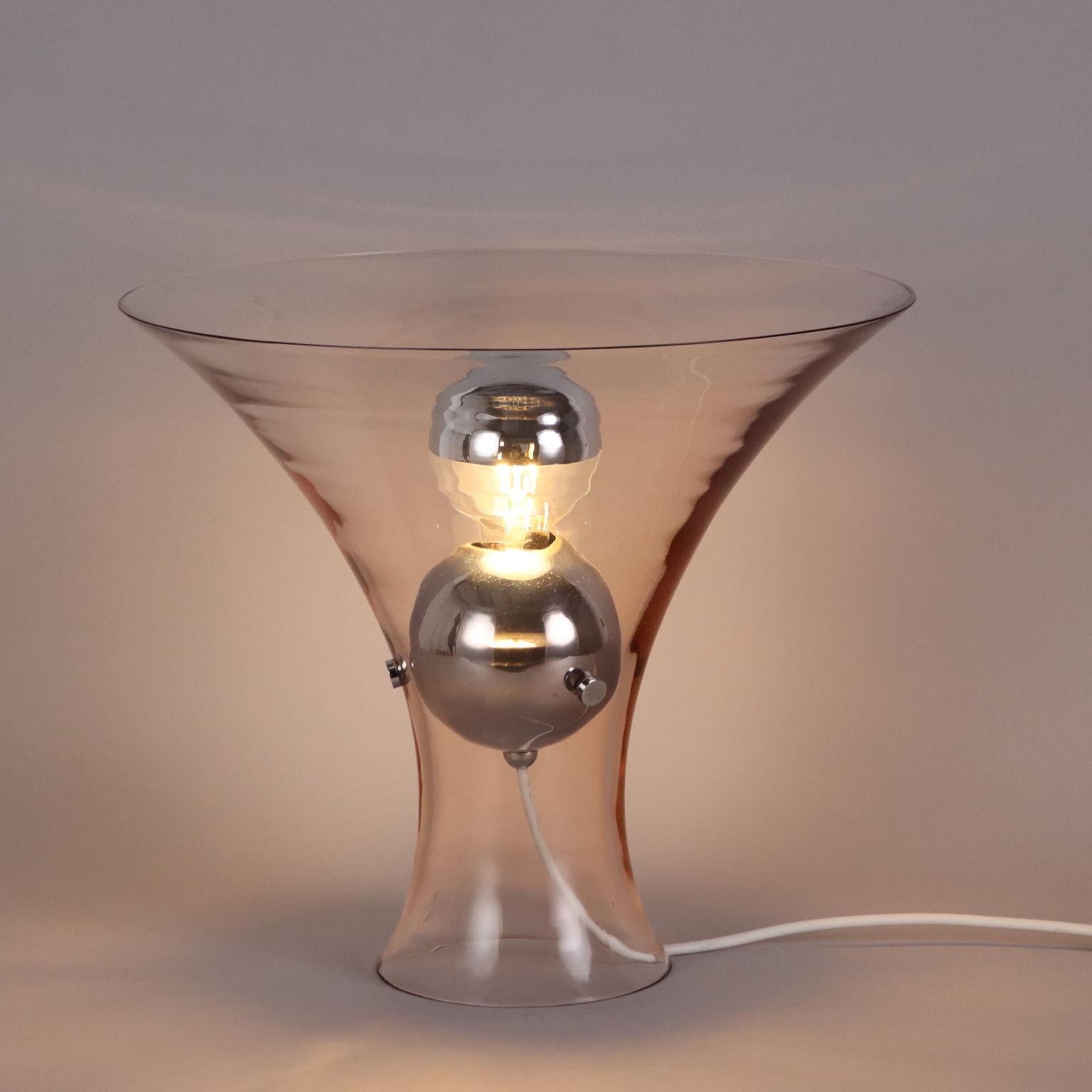 Blown glass lamp, chrome-plated aluminum inner sphere. 