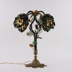 Table lamp with bronze base and stained glass Grape Bunches  anni 50