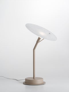 DP table lamp with bright sand finish and white frosted glass.