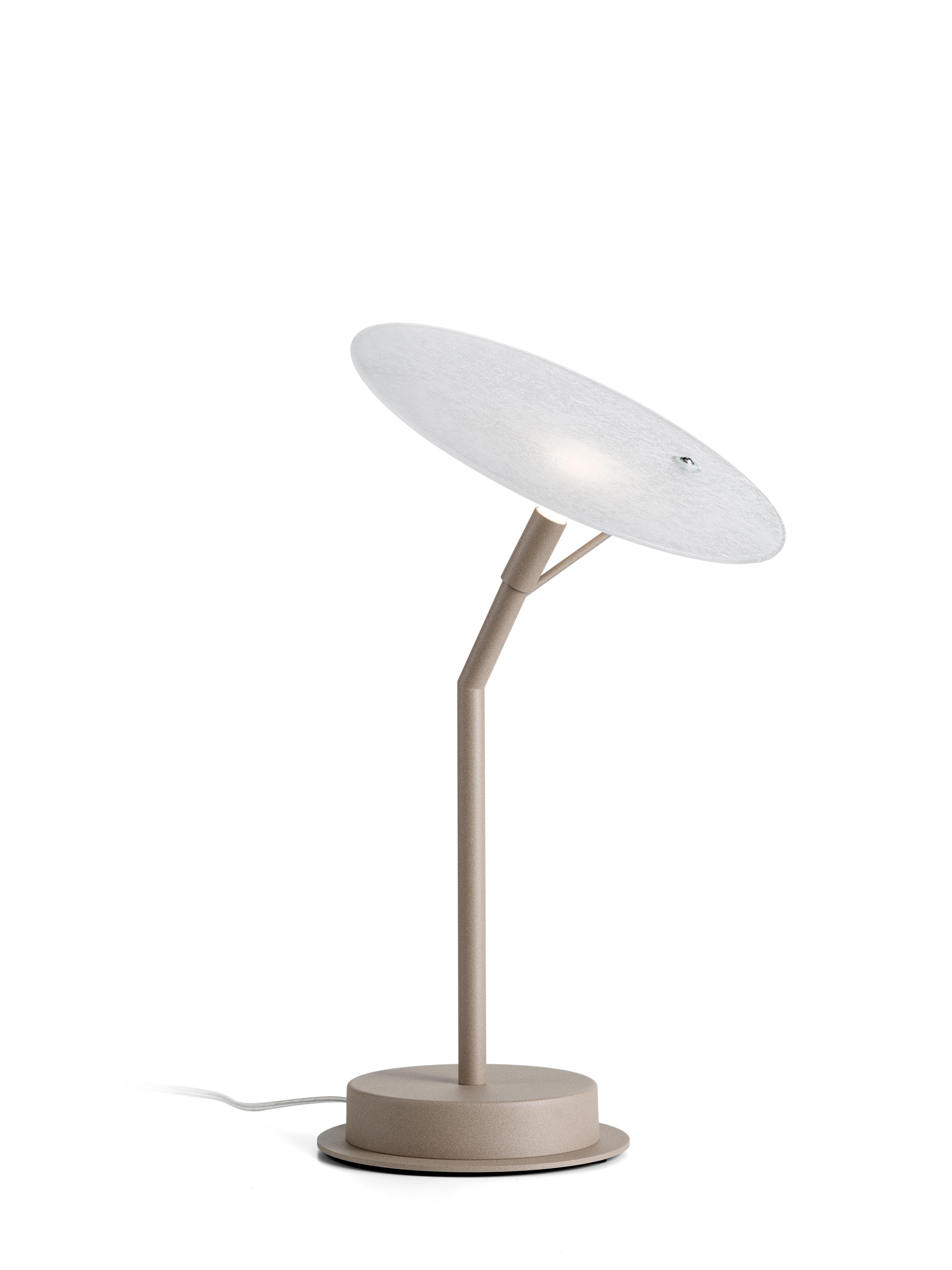 DP table lamp with bright sand finish and white frosted glass.