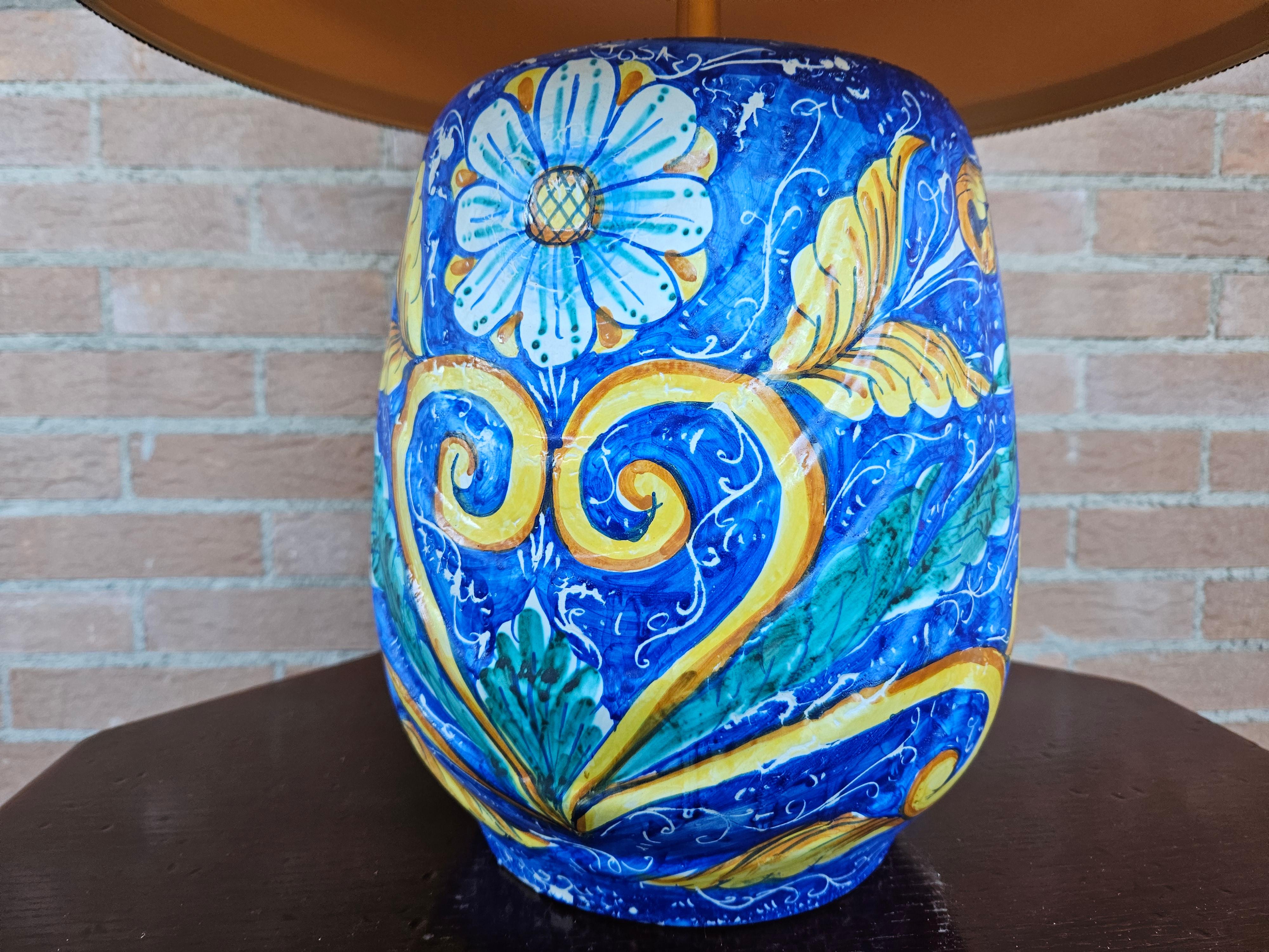 Ceramic Painted ceramic table lamp with fabric shade For Sale
