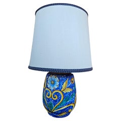 Vintage Painted ceramic table lamp with fabric shade