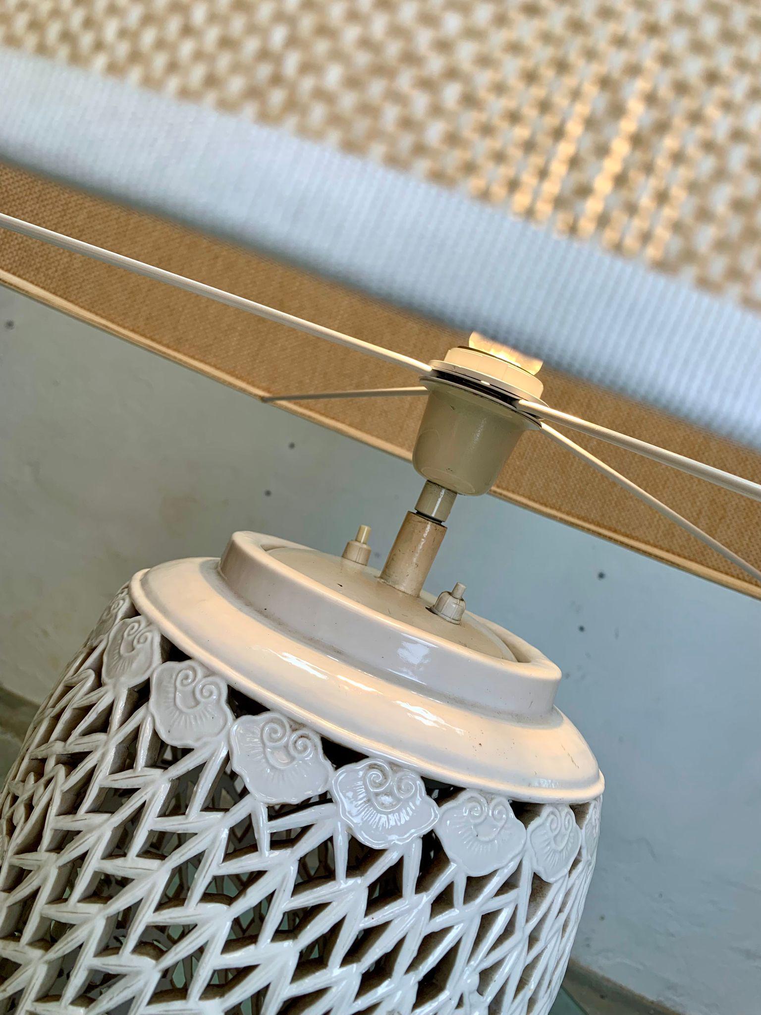 Mid-20th Century Glazed ceramic table lamp and fabric shade, 1960s, italy in vendita