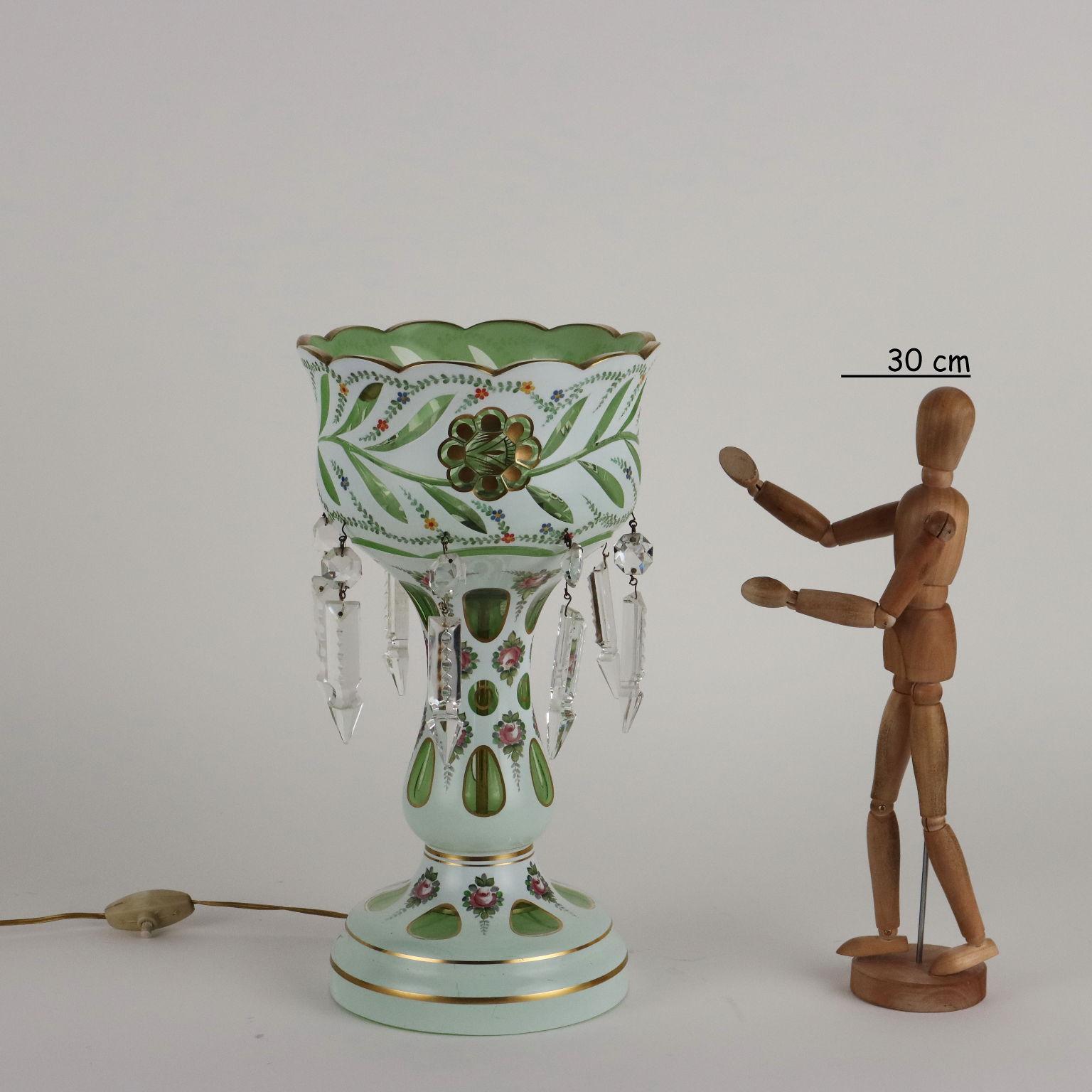 Lattimo and green crystal lamp with gold decorations and polychrome plant motifs. Dangling drops from the top cup made of colorless crystal.