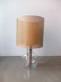 Lampada da tavolo in vetro, paglia di Vienna e metallo fine anni 70