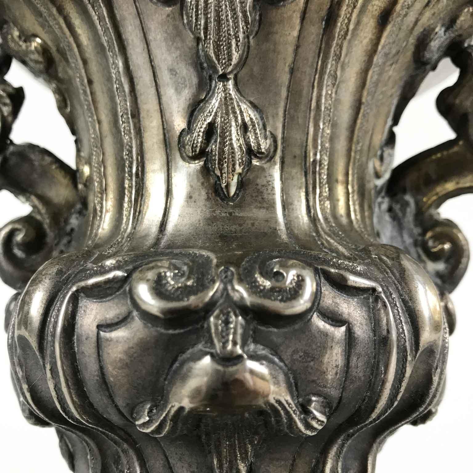 18th Century and Earlier Italian Table Lamp 18th Century Baroque Vase Silver Beige Lampshade  For Sale