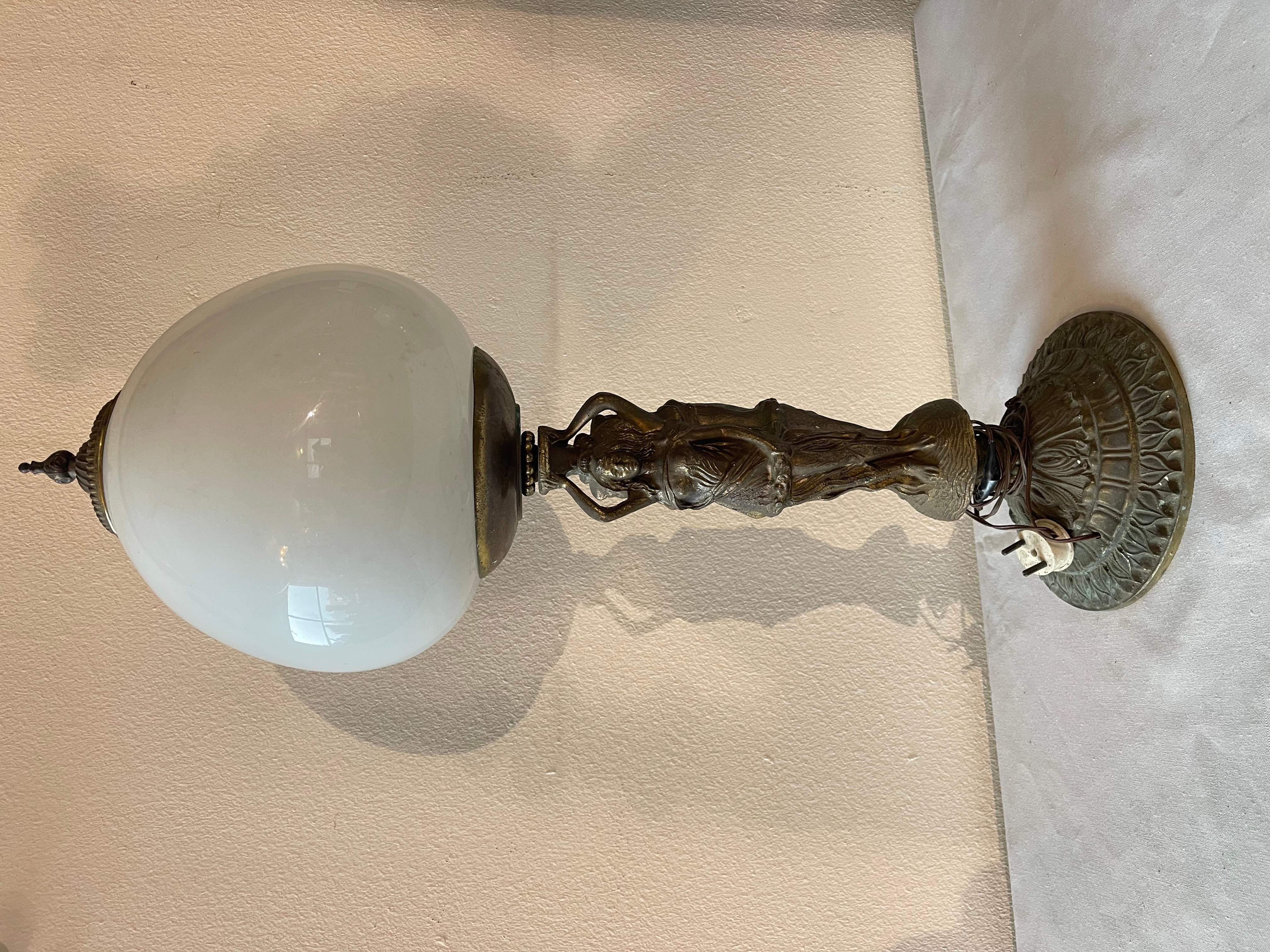 Art Nouveau Ladies table lamp made of bronze and white opal glass 1950s For Sale