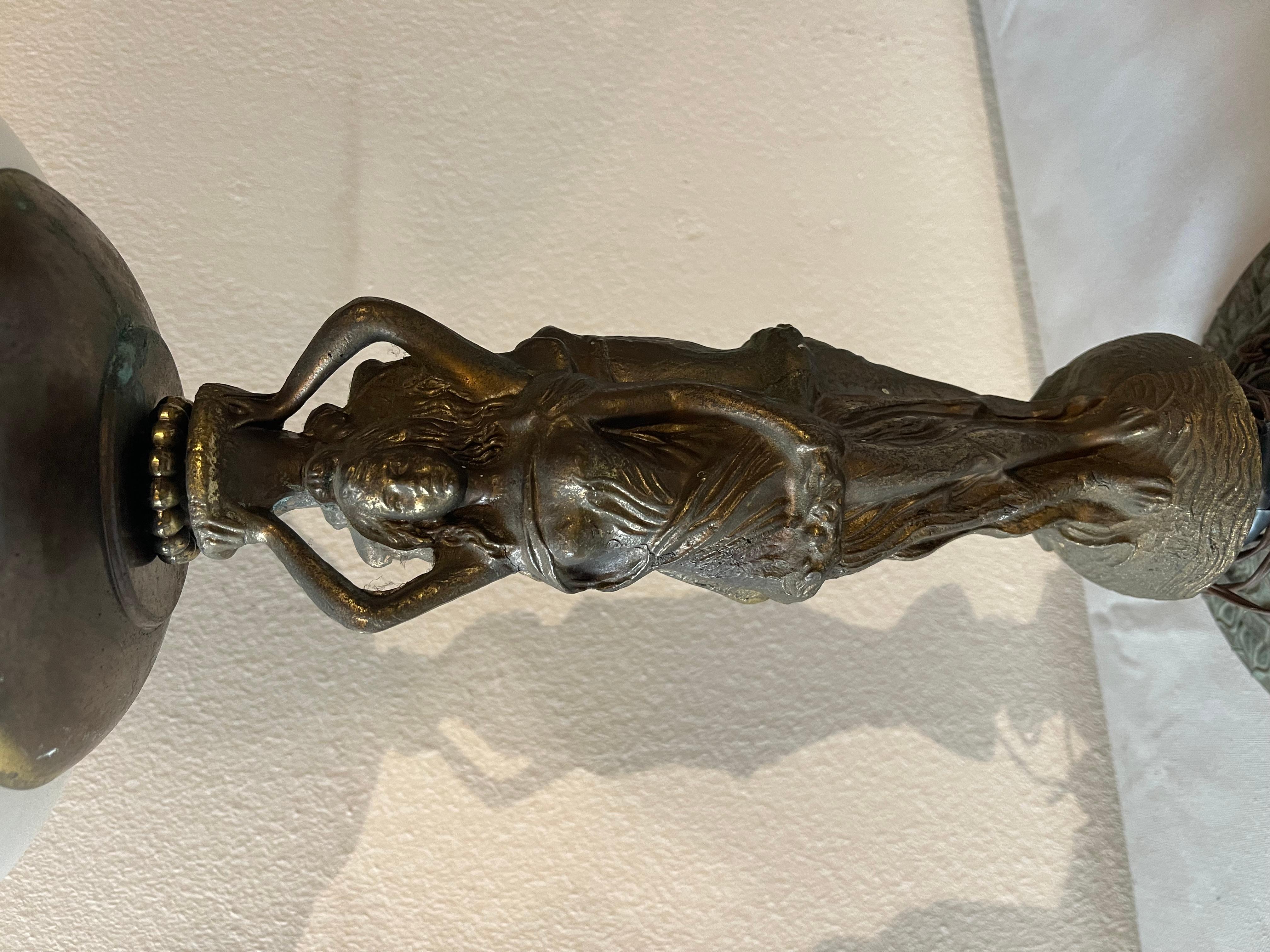 French Ladies table lamp made of bronze and white opal glass 1950s For Sale