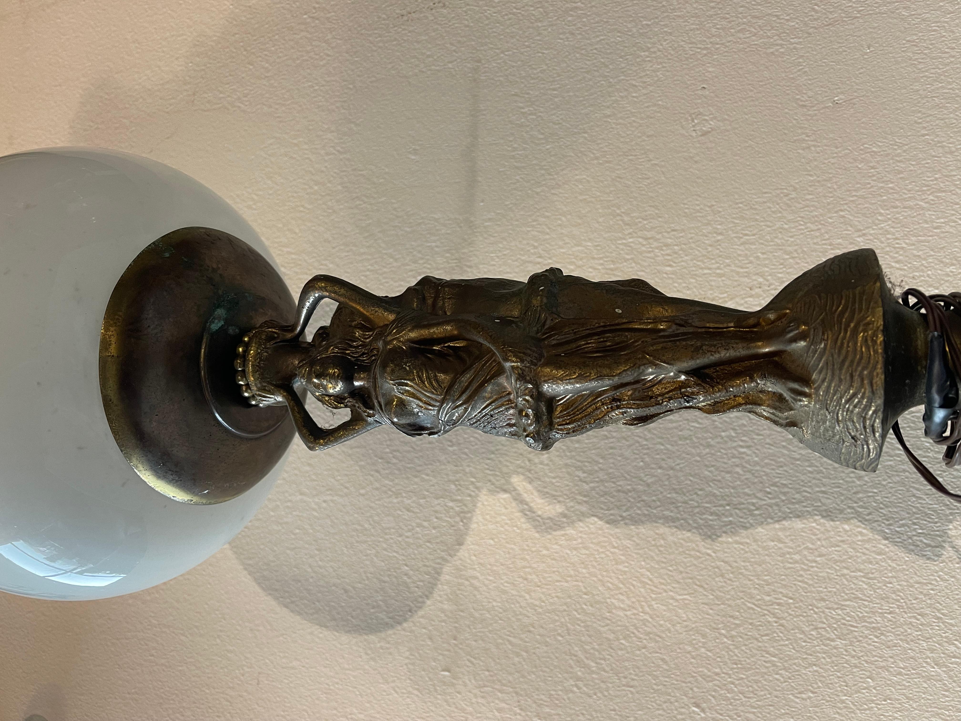 20th Century Ladies table lamp made of bronze and white opal glass 1950s For Sale