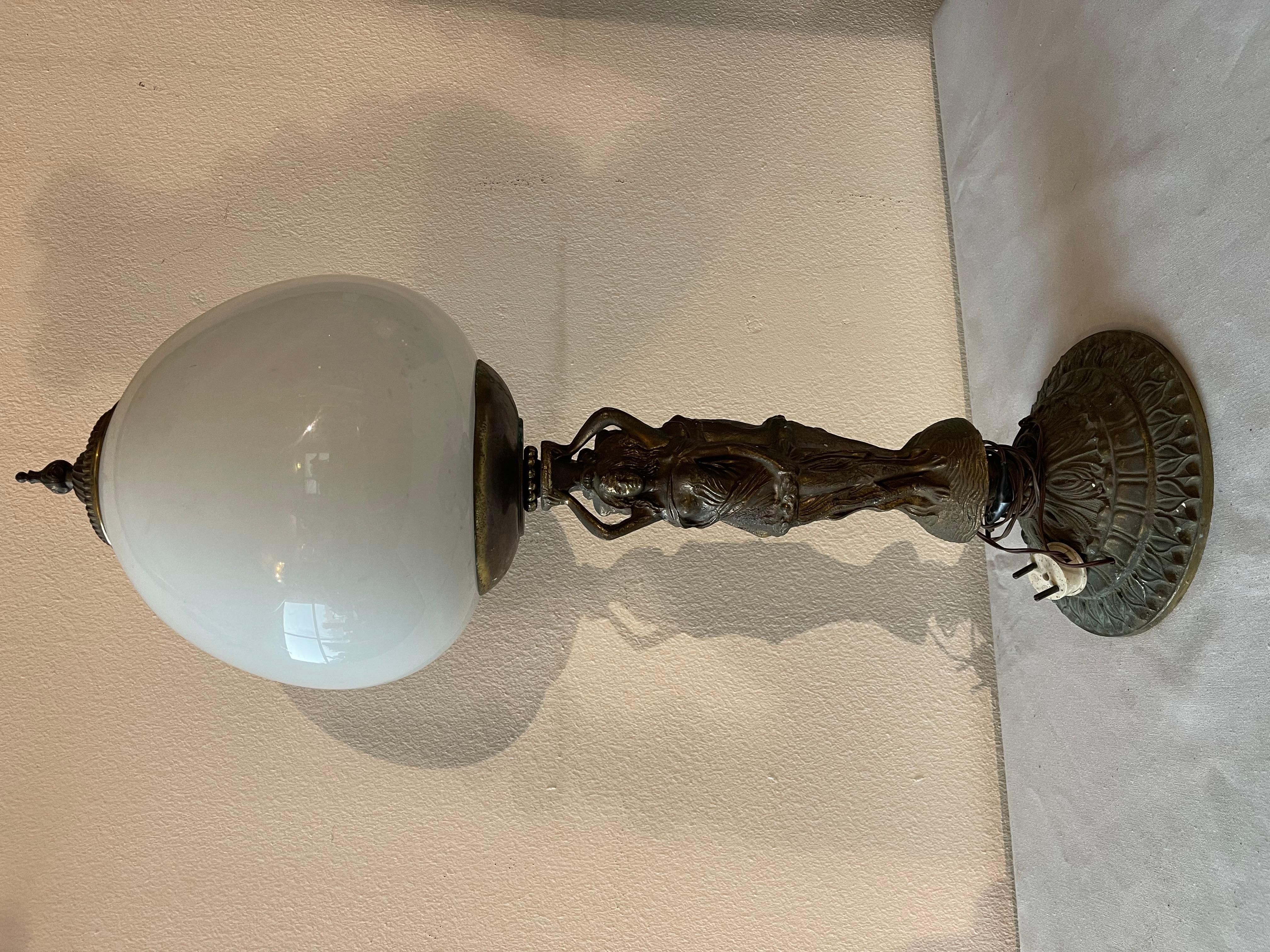 Bronze Ladies table lamp made of bronze and white opal glass 1950s For Sale