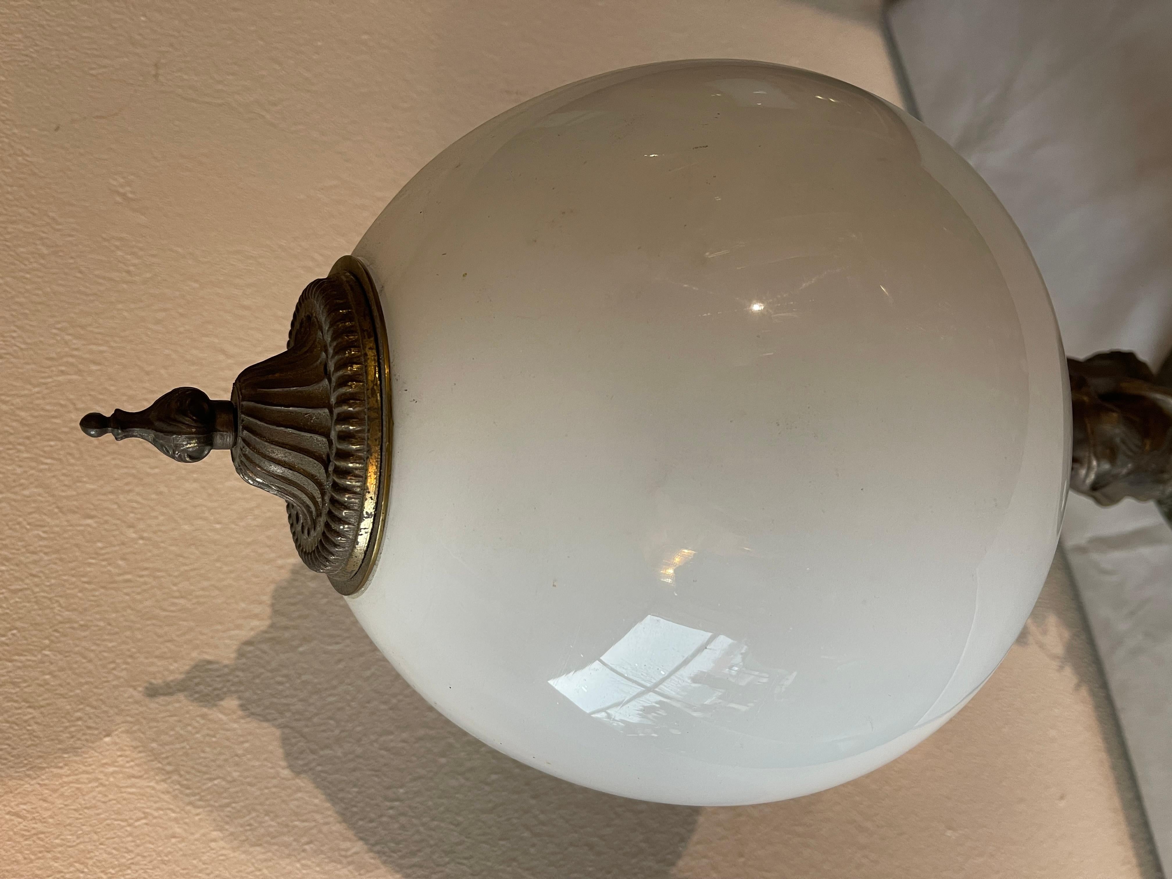 Ladies table lamp made of bronze and white opal glass 1950s For Sale 2