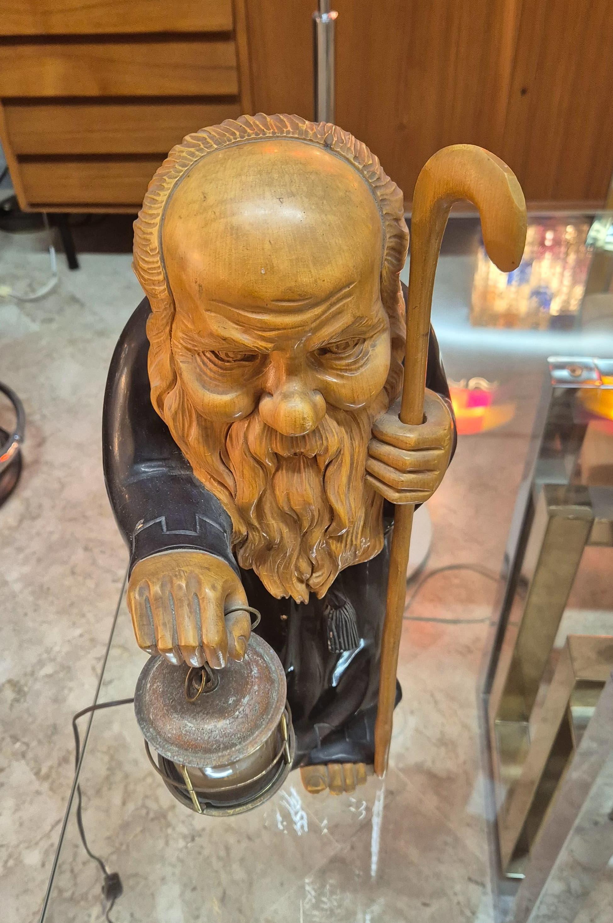 Metal Monk wooden table lamp from 1950 by Aldo Tura. For Sale