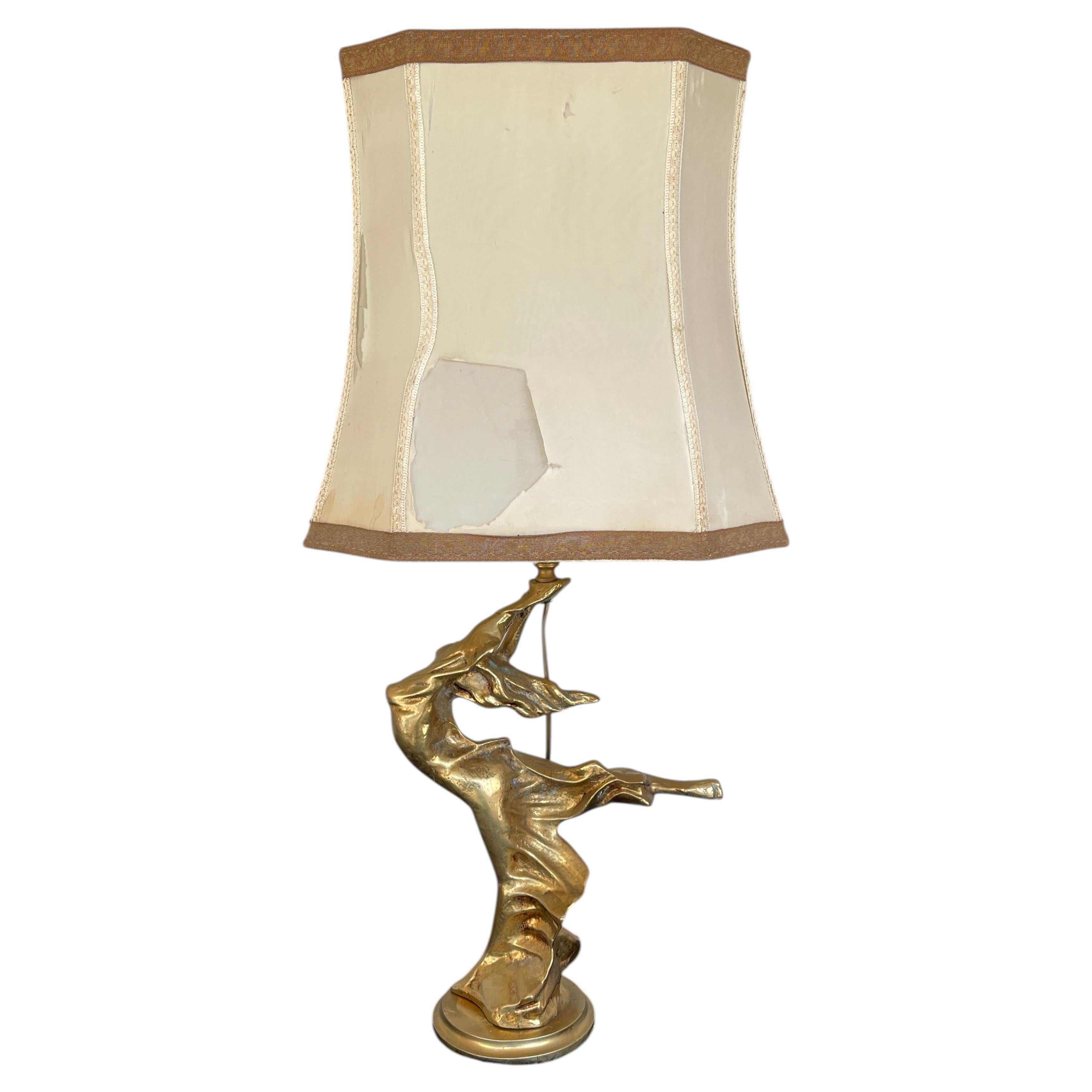 Golden brass and fabric sculptural table lamp, "Golden Flow," 1970s For Sale