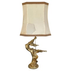 Golden brass and fabric sculptural table lamp, "Golden Flow," 1970s
