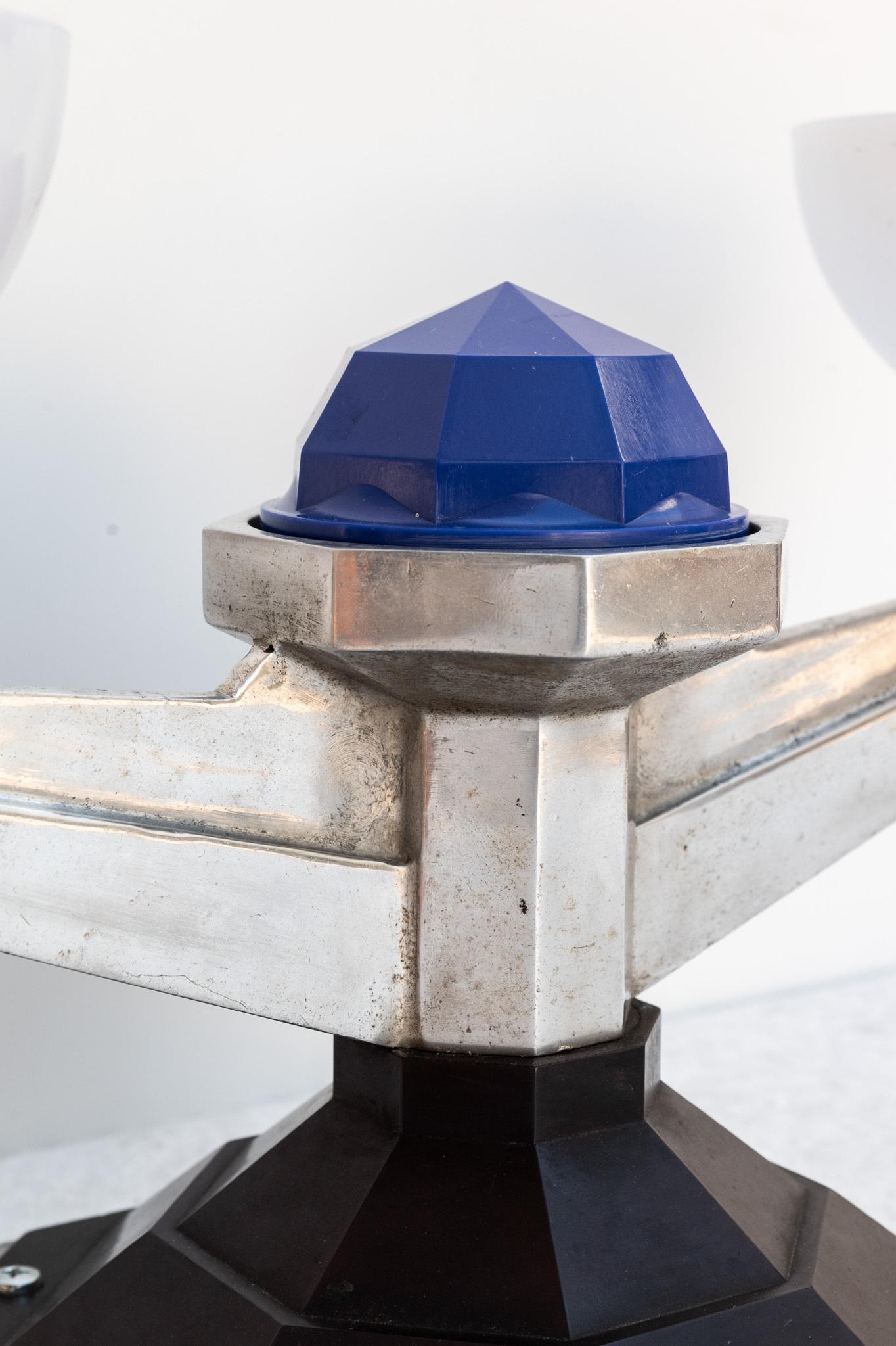 Ex Ferrovia table/ceiling lamp, Made in Italy, 1940s. 
Ex-Italian railway lamp made of aluminum, black ABS/aluminum base. The lampshades are made of electrified plexiglass. It was originally fixed on the ceiling of the train cars. 
The price of