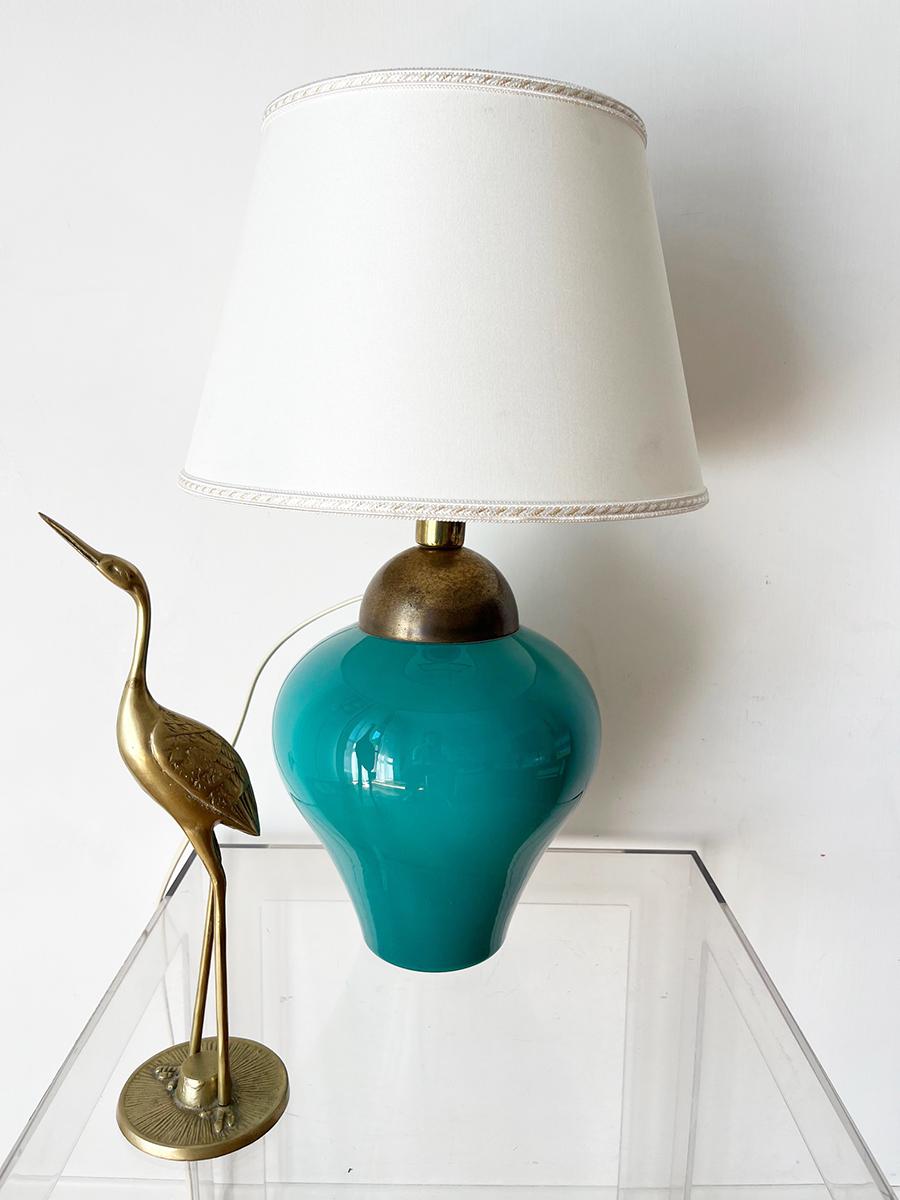 Mid-20th Century Lampada da Tavolo Vintage Vetro Verde e Ottone 1960 -Top Design- For Sale