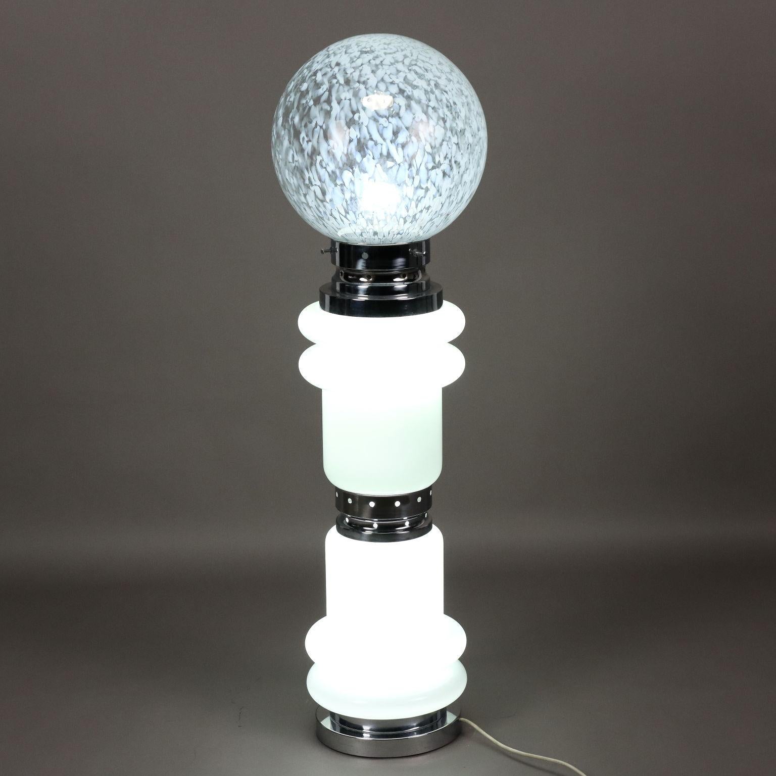 Floor lamp, white glass, decorated glass, chrome-plated metal.
