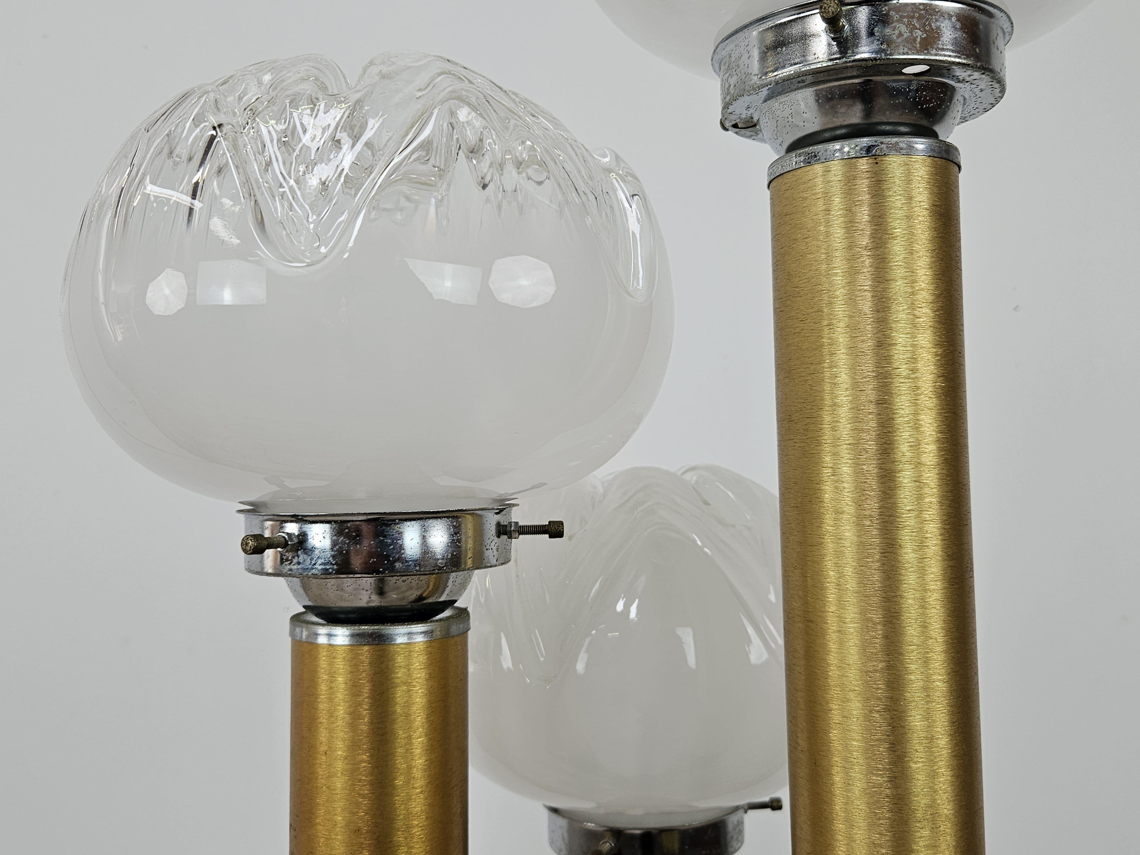 Métal Lampadaire des années 1970 en verre de Murano, bois et métal avec 3 points lumineux en vente
