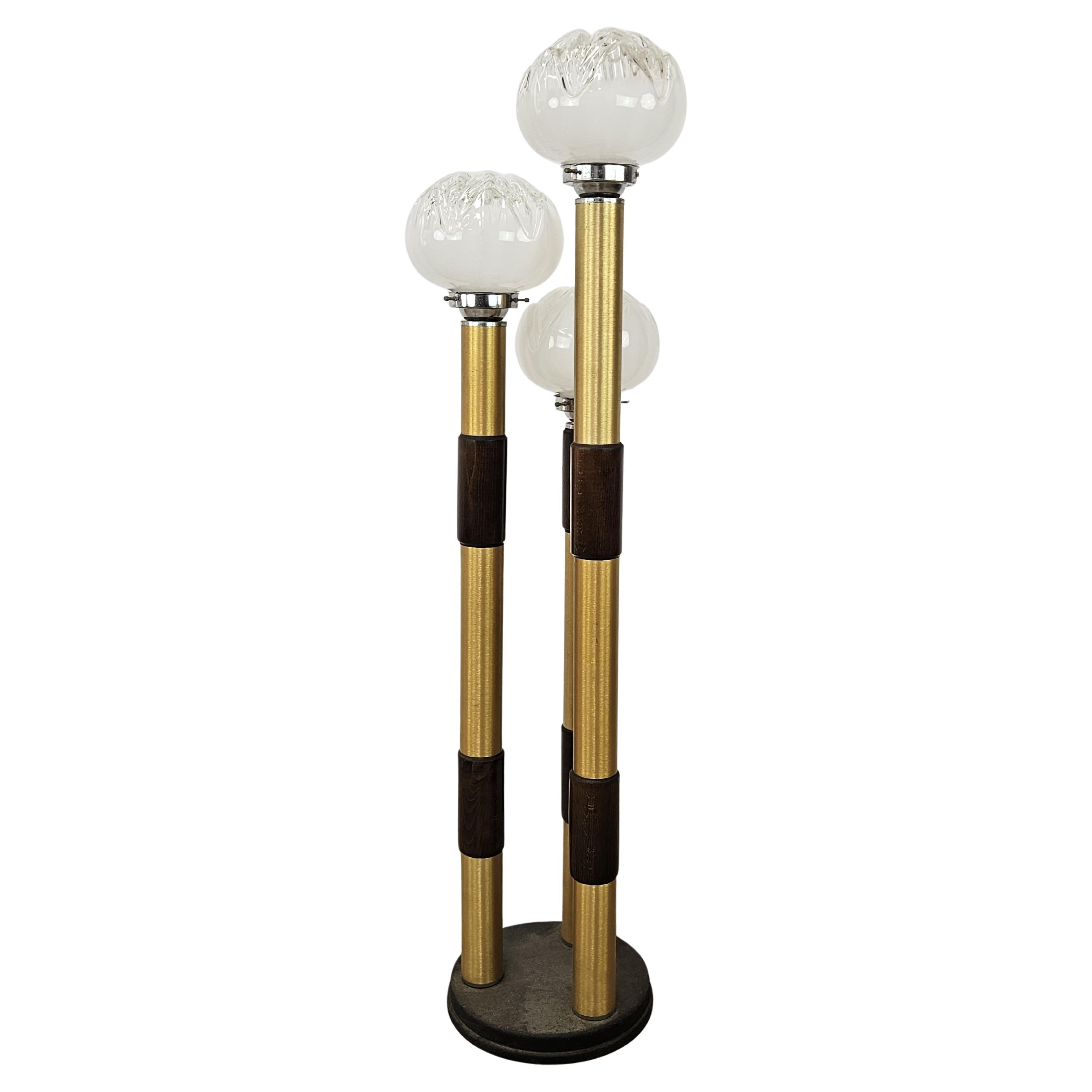 1970s floor lamp made of Murano glass, wood and metal with 3 light points