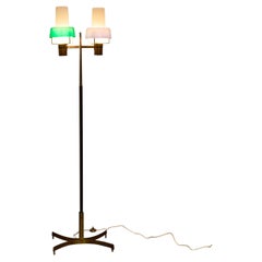 Brass and glass floor lamp, colored diffusers, Stilnovo, c. 1957.