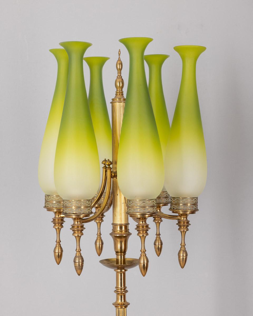 Floor lamp with marble base, gilt brass body and green shaded glass shades, Italian design, 1950s.

CONDITION:
In good, working condition, may show signs of wear given by time.

SIZING: 
Height 176 cm; Diameter 37 cm

MATERIALS: 
Marble Brass and