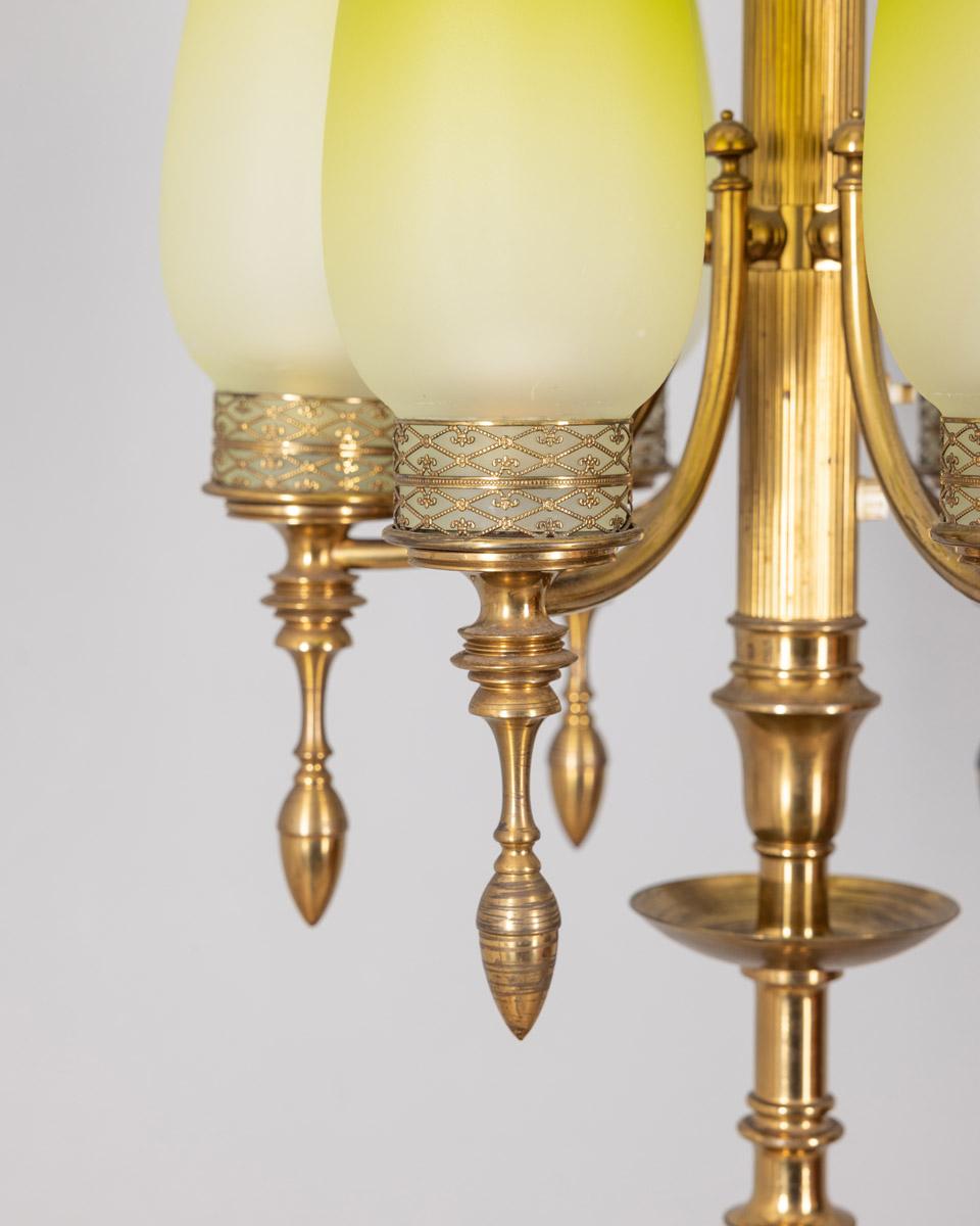 Mid-20th Century Vintage 1950s floor lamp in brass and green glass Italian design For Sale