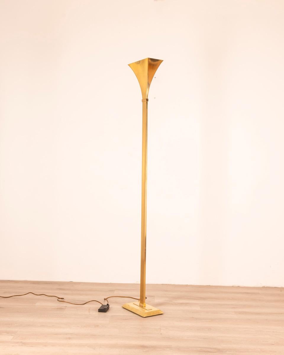 Floor lamp made entirely of gilded brass, with dimmer to adjust brightness, design Relux Milano, 1980s.

CONDITION: In good condition, working, shows signs of wear given by time.

DIMENSIONS: Height 187 cm; width 31 cm; length 18 cm;

MATERIAL:
