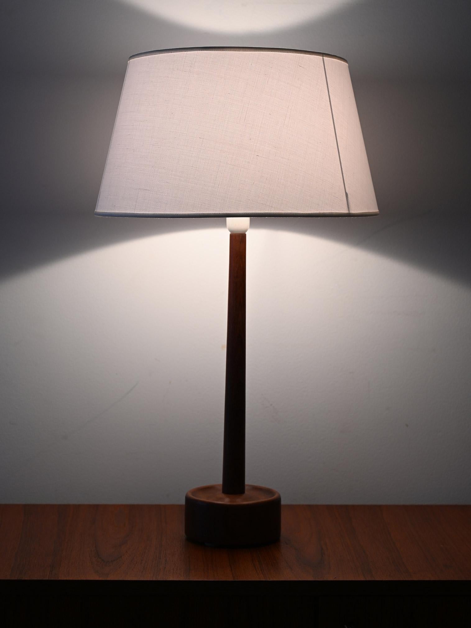 Lampada da tavolo in teak con paralume in tessuto. Design danese anni ’50/’60, paralume restaurato.

Lampada da tavolo di design danese realizzata negli anni ’50/’60, con base in teak tornito e paralume in tessuto chiaro. Le linee essenziali e la