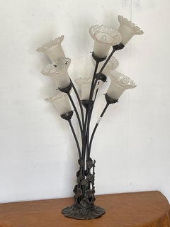 Art Nouveau 8-light floral lamp in metal and frosted glass, Italy, 1970s