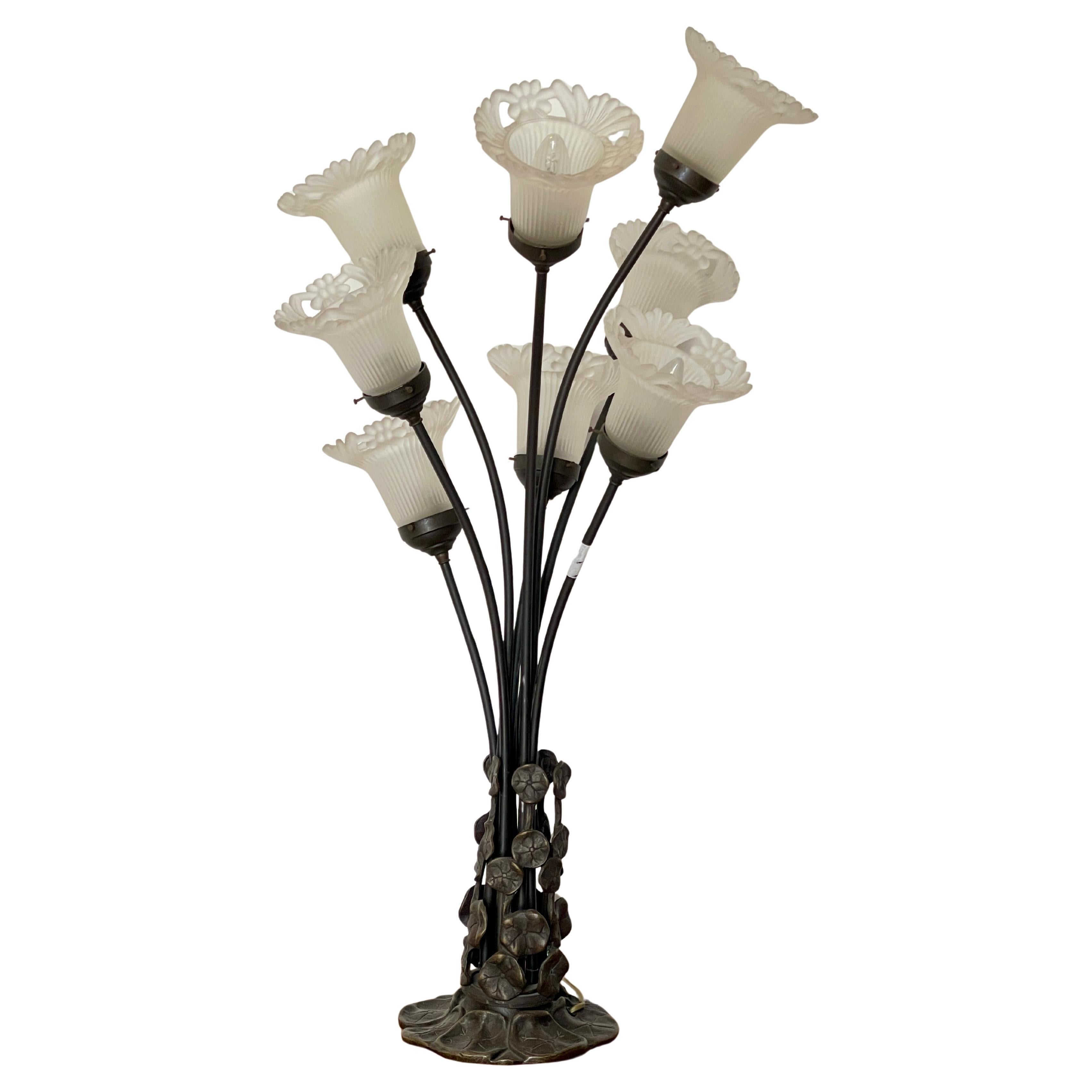 Art Nouveau 8-light floral lamp in metal and frosted glass, Italy, 1970s