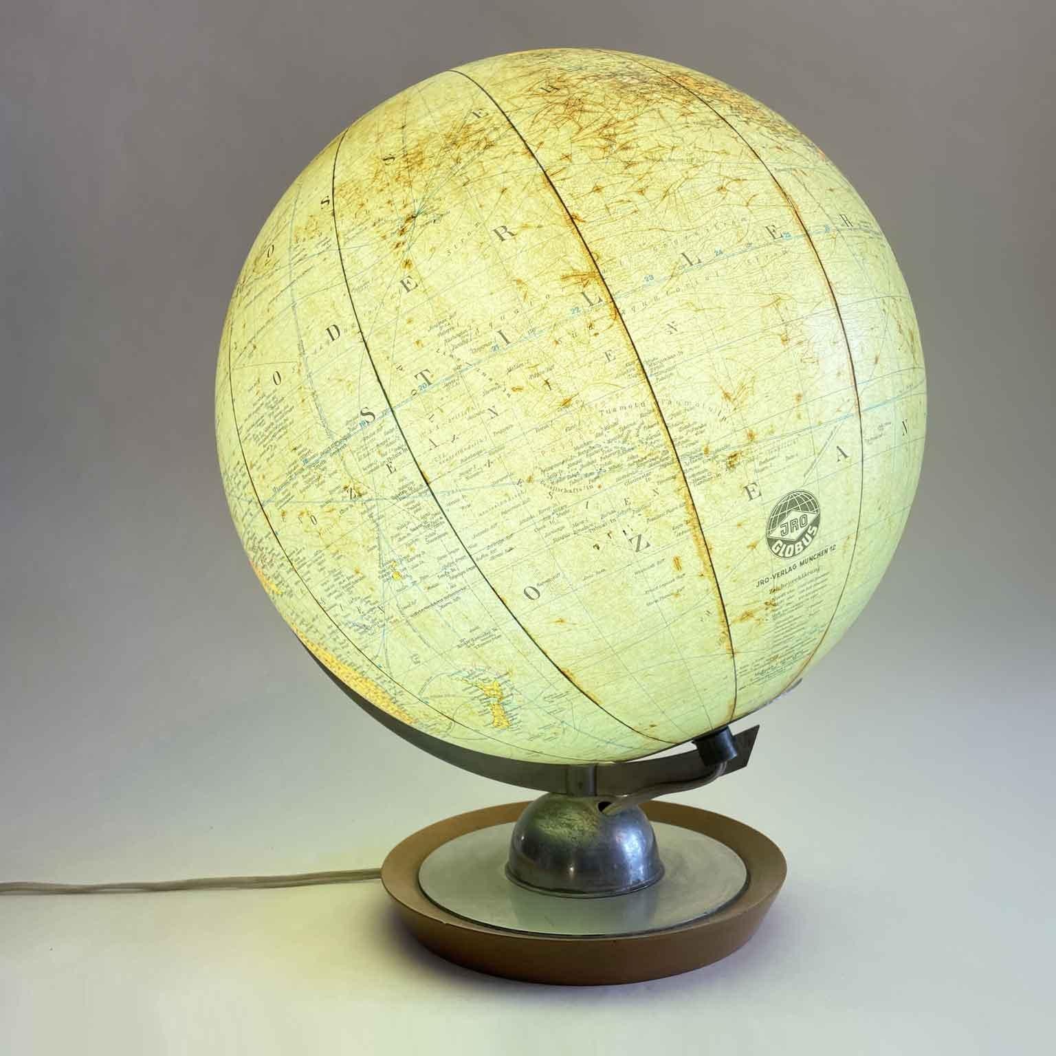 Turned German Political World Map Lamp JRO Globus Munich Mid-20th Century