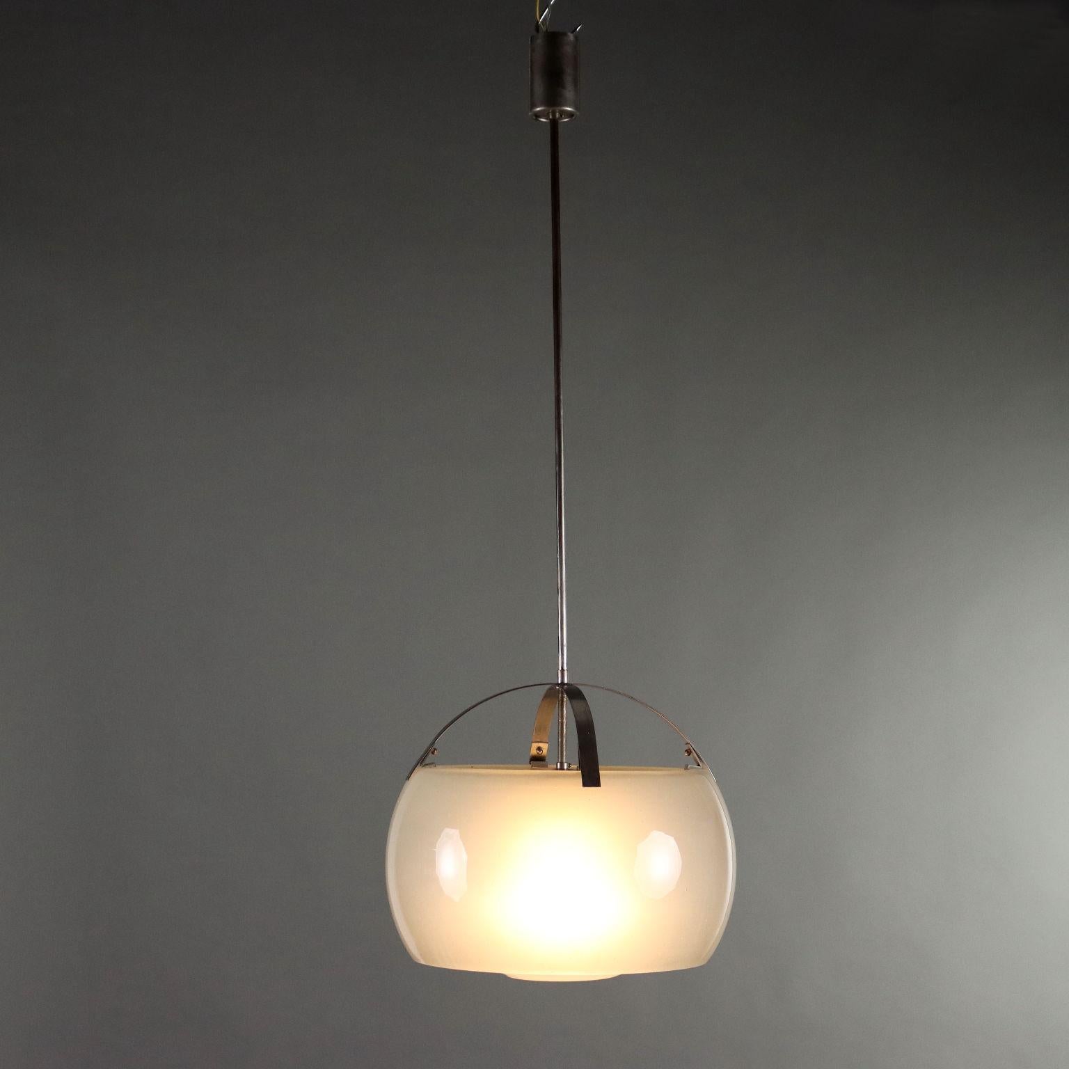 Vintage pendant lamp made of chrome metal with white glass diffuser.