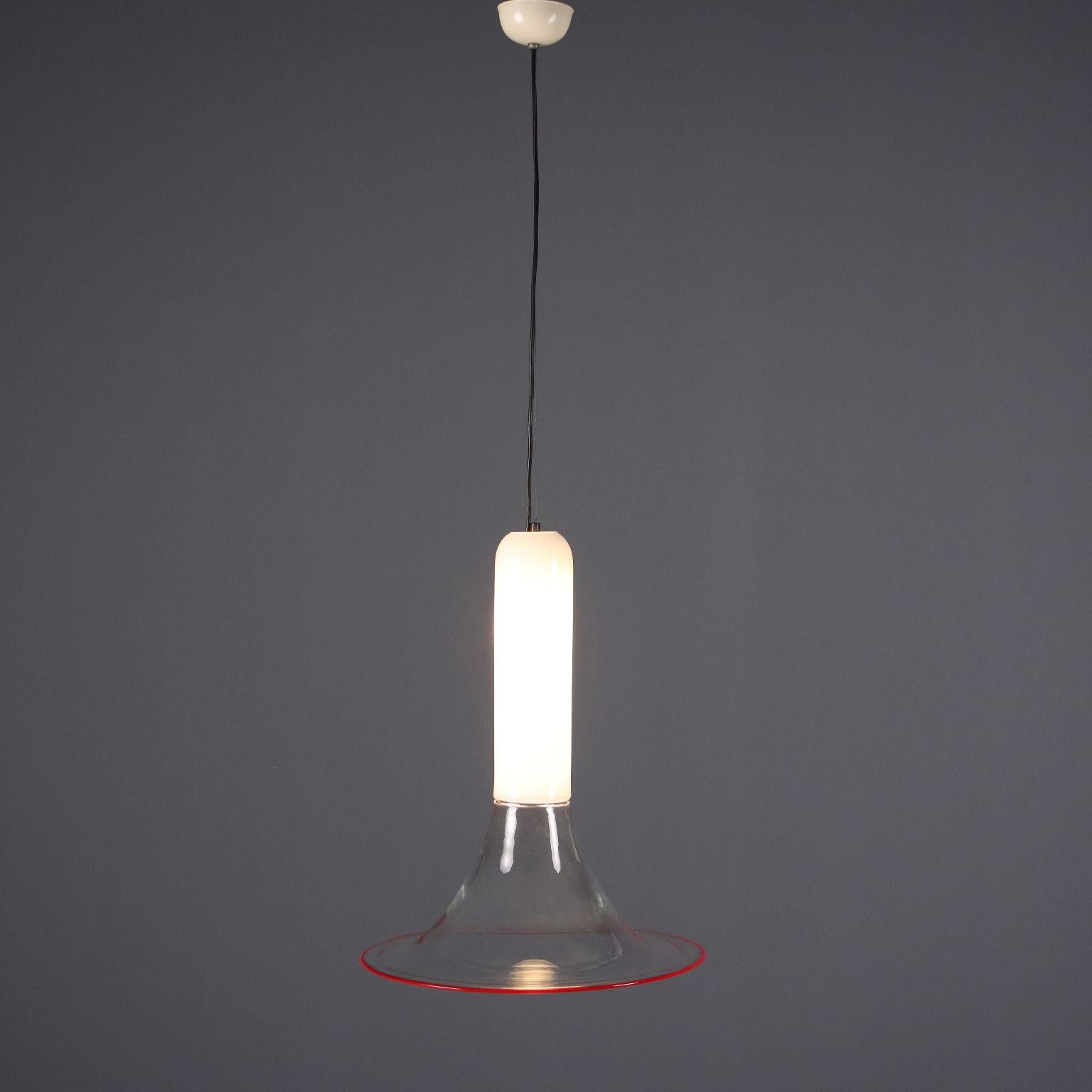 White and transparent Murano glass ceiling lamp with red border.