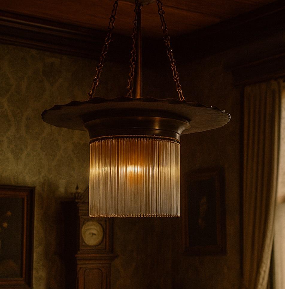 Lampada Secessionista in Ottone con Bacchette di Vetro, Austria, Inizio XX secol in vendita 11
